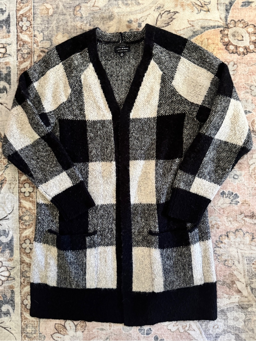 Lucky Brand Black & Cream Plaid Open-Front Women's Cardigan